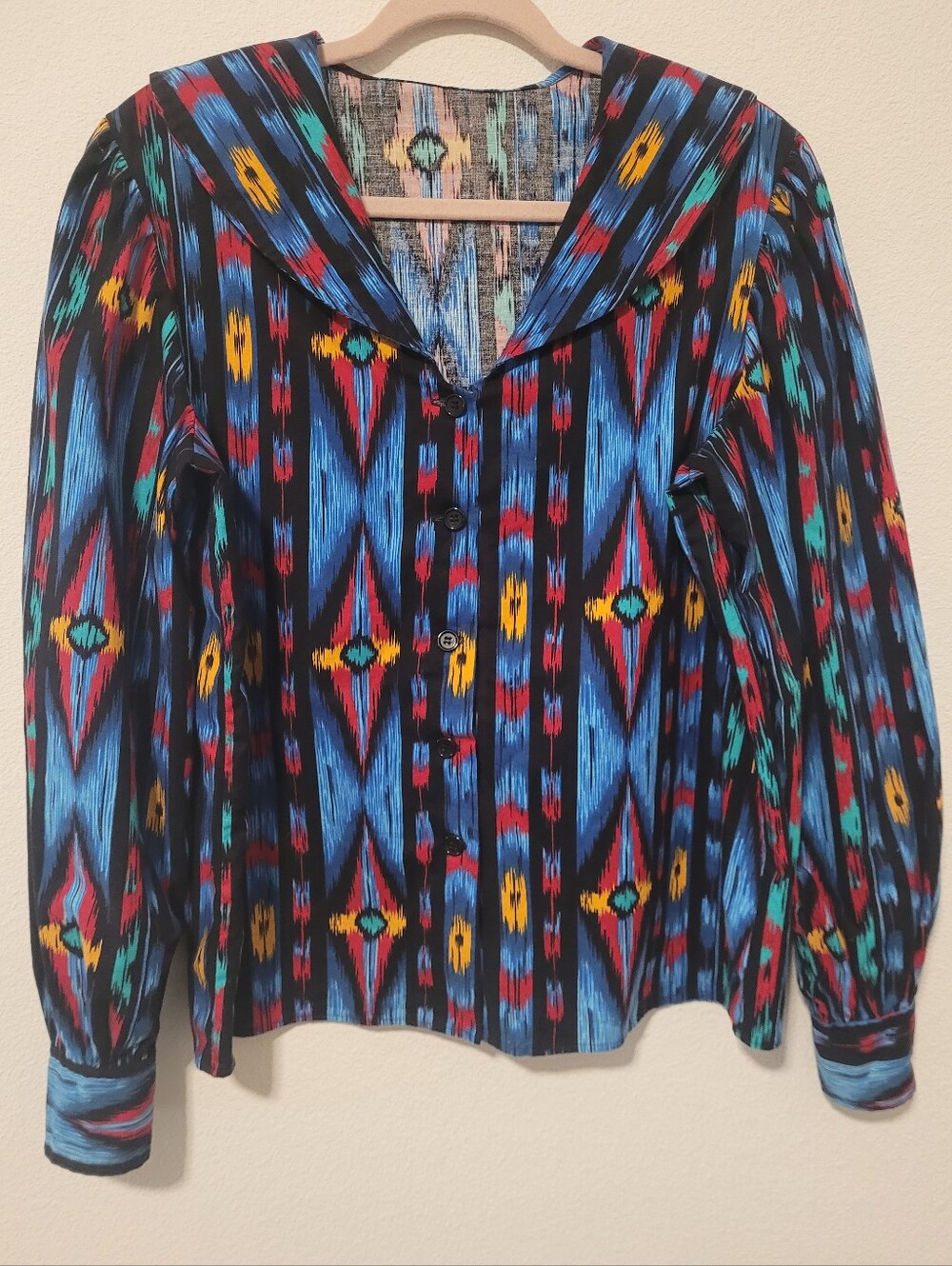 80s Aztec Ikat Print Sailor Collar Button Front Blouse Top Long Sleeve M Retro